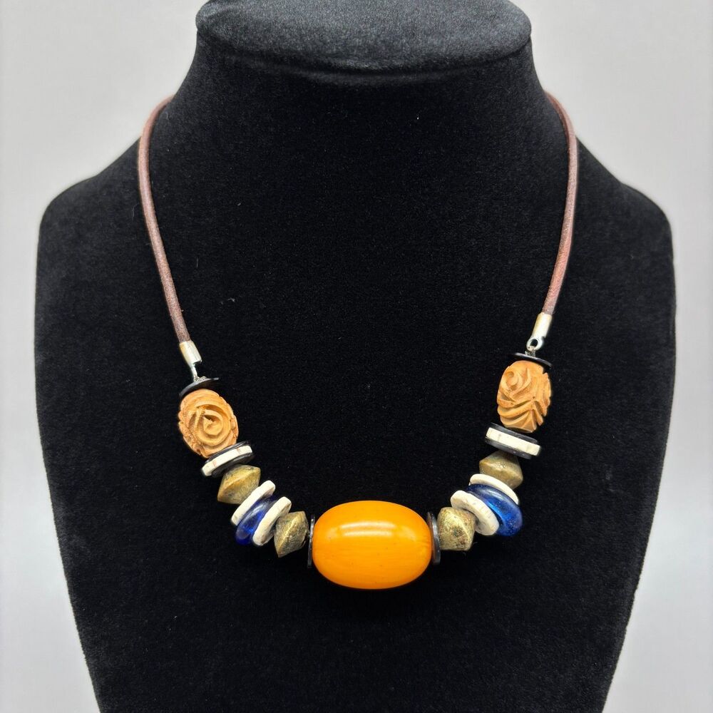 Vintage Bakelite Beaded Statement Necklace Boho Wood Bone Glass Mixed Media